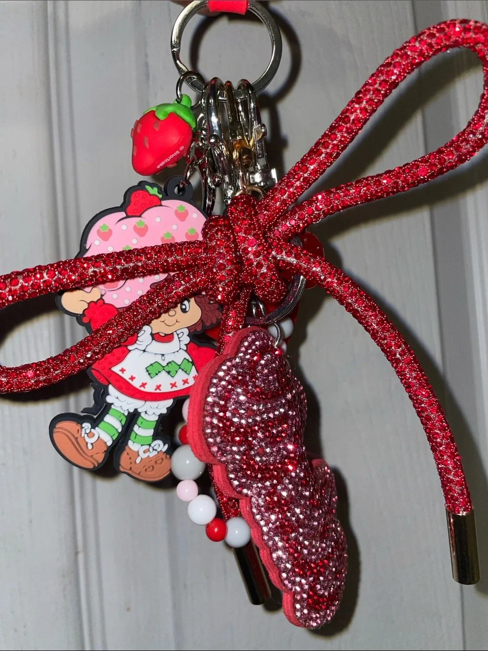 Red Strawberry Shortcake Keychain Wristlet with Beaded Charm